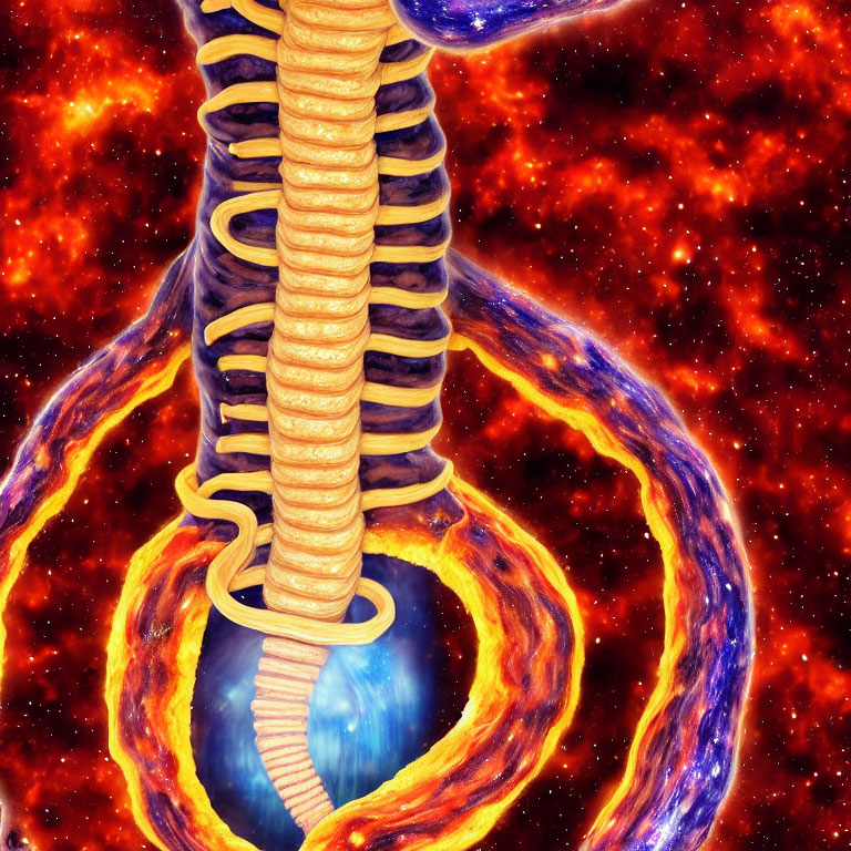 Cosmic anatomy concept: human spine with interstellar gas and planet.