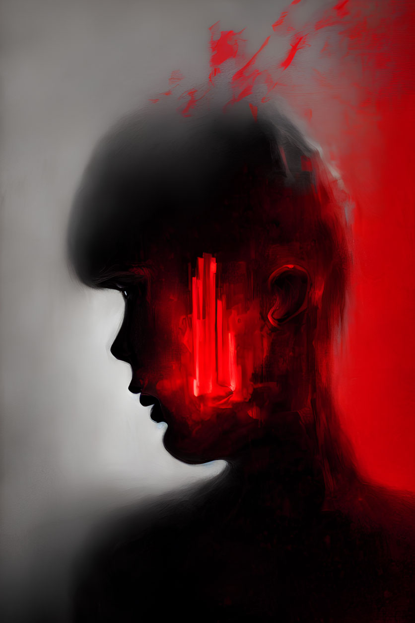 Abstract human silhouette digital artwork in red and black color scheme with red streaks.