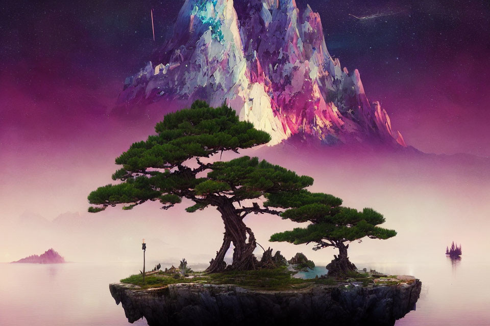 Floating Island with Bonsai Trees, Lantern, & Colorful Mountain Landscape