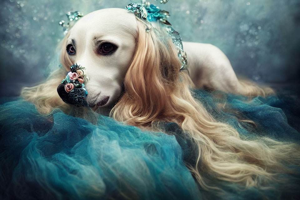 White Dog with Long Golden Hair in Blue Flower Crown on Soft Blue Fabric