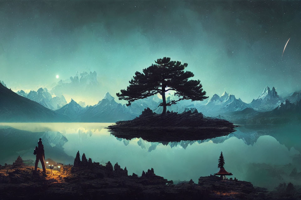 Solitary Figure Observing Floating Island with Tree and Mountainous Backdrop