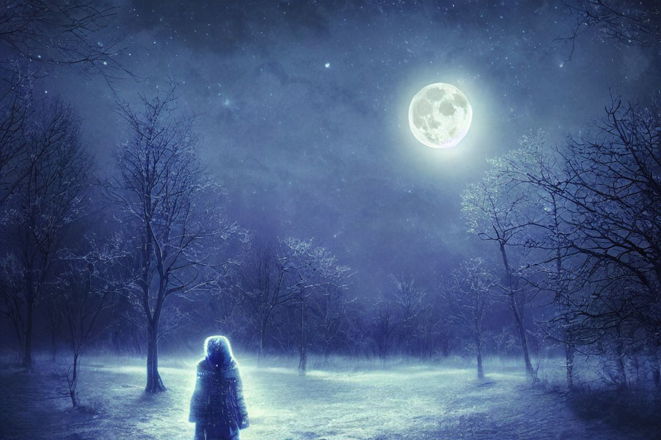 Solitary figure in winter coat gazes at full moon in snow-covered landscape