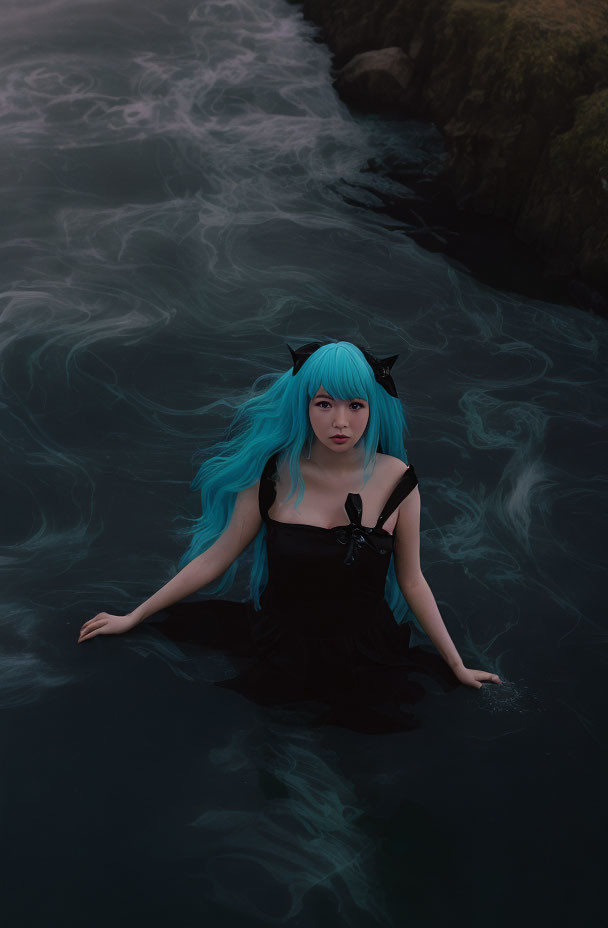 Blue-haired person in black outfit near swirling dark water.