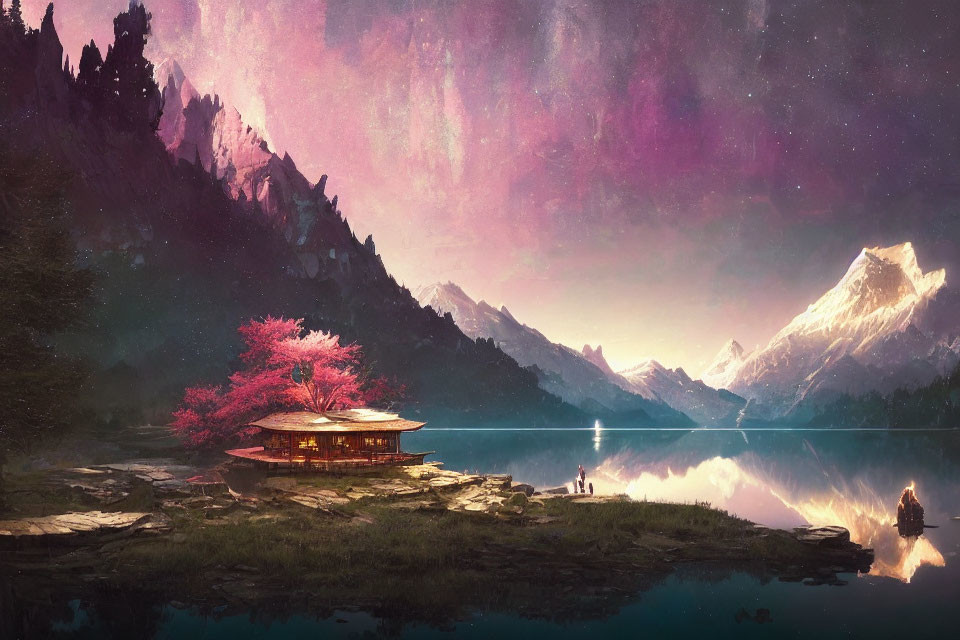 Tranquil landscape with pink sky, cherry blossom tree, traditional house, lake, and mountains