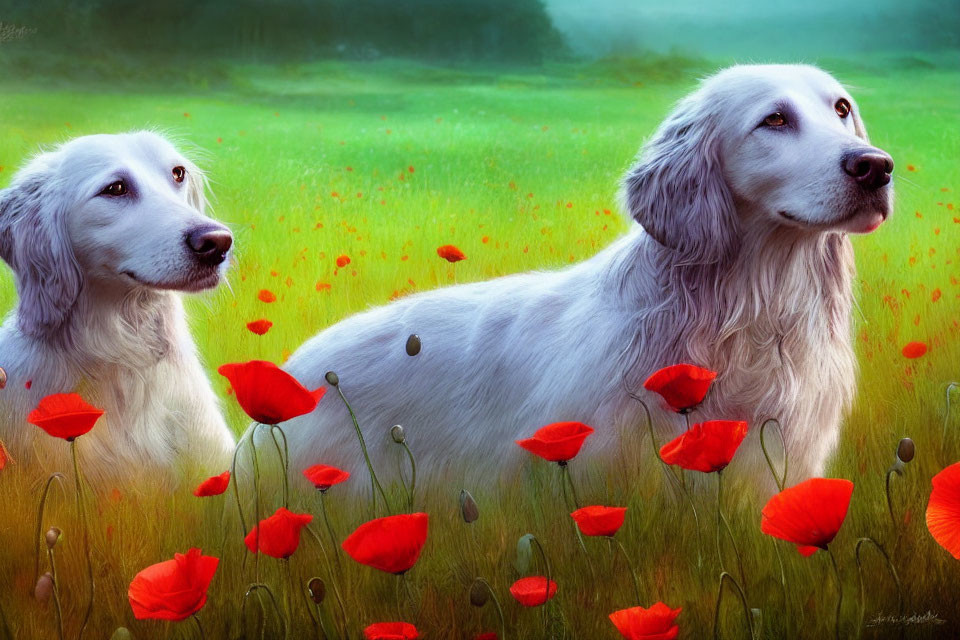 Two White Dogs in Field of Red Poppies and Greenery