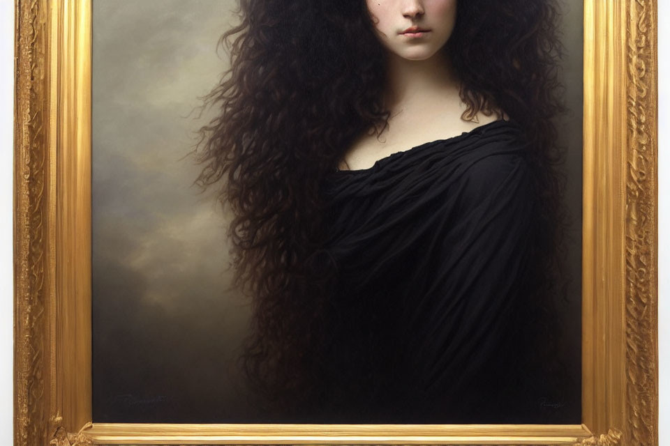 Woman with Voluminous Curly Hair in Black Off-Shoulder Garment Portrait