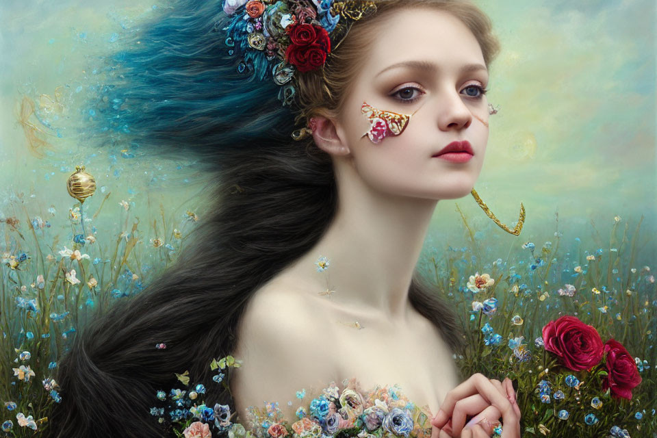 Portrait of woman with flowing hair, butterfly on cheek, and flower-filled background