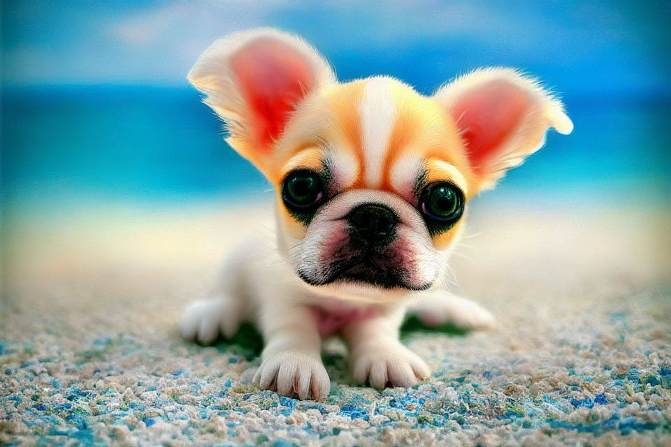 Adorable Puppy with Big Eyes on Colorful Rug