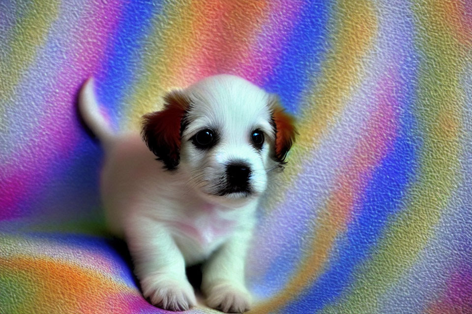 White Puppy with Brown Patches on Colorful Blanket