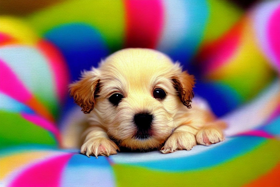 Fluffy white puppy on vibrant swirled background