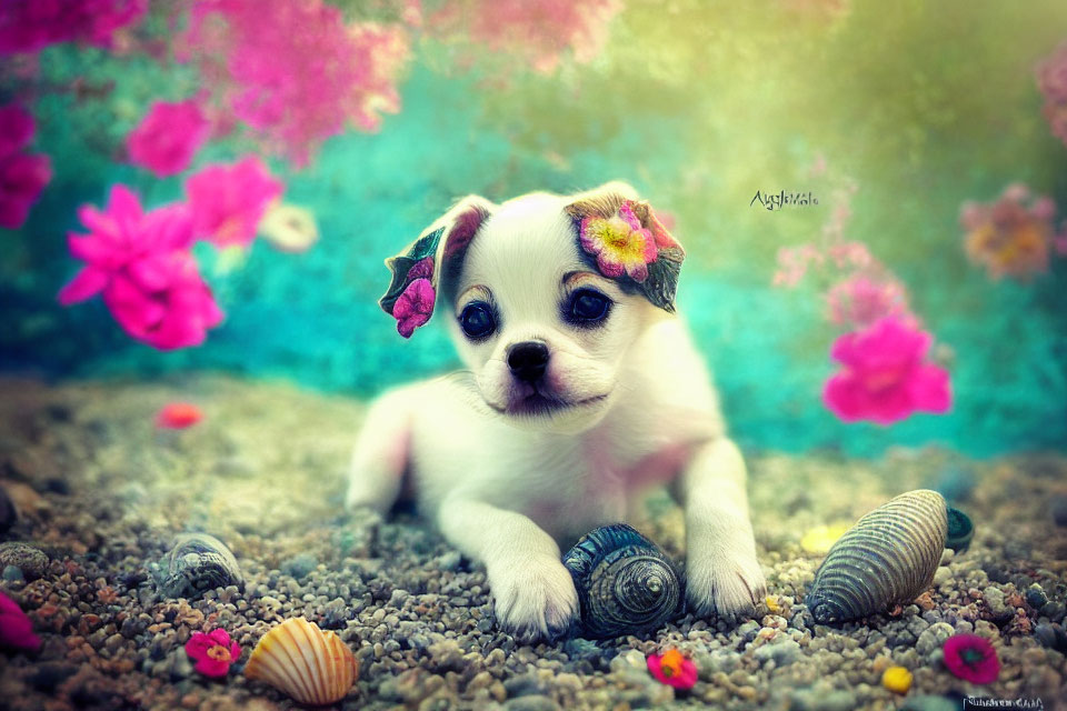 Adorable puppy surrounded by flowers and seashells