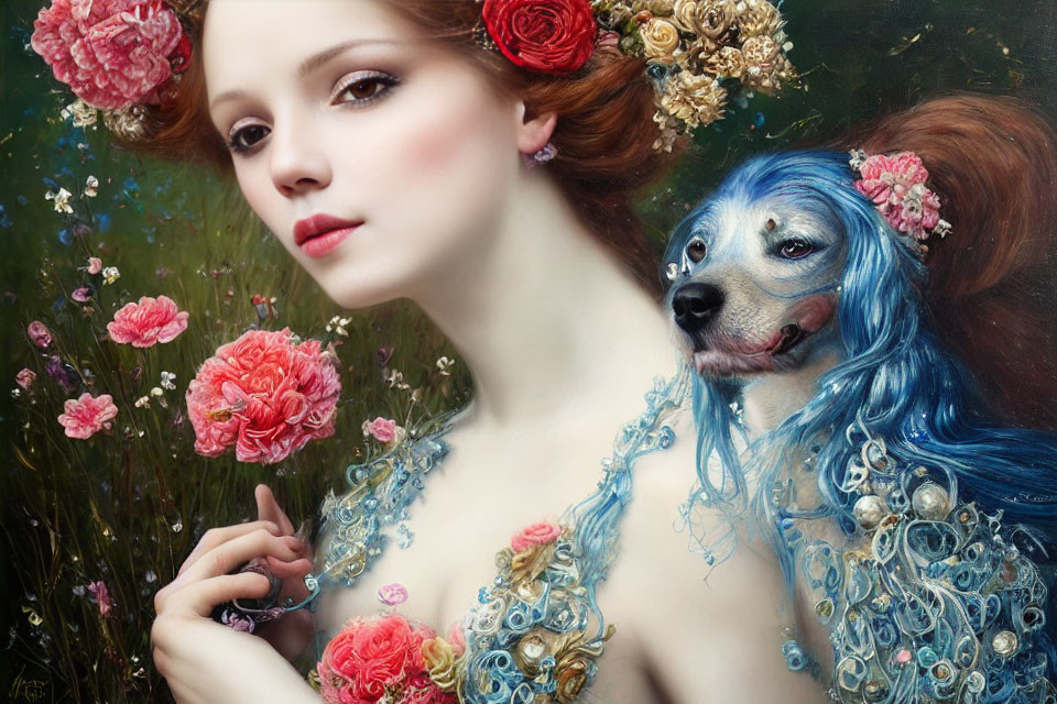 Surreal portrait of woman with floral adornments and blue-spaniel creature