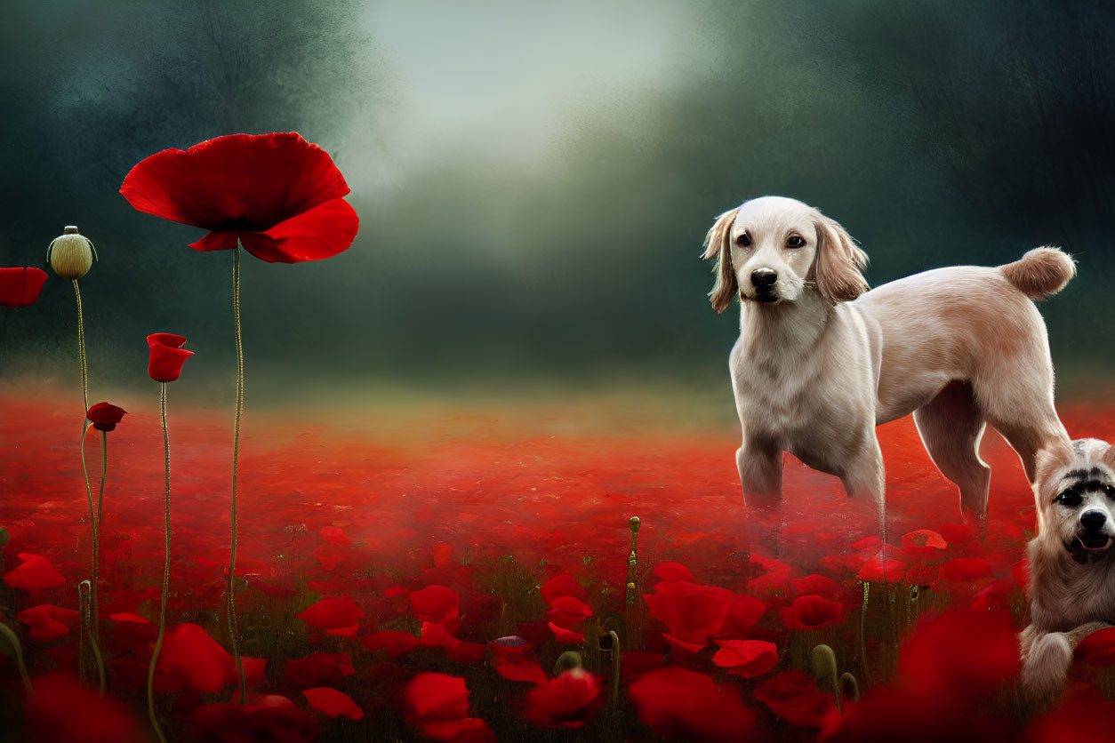 Golden retriever running in red poppy field with soft glow