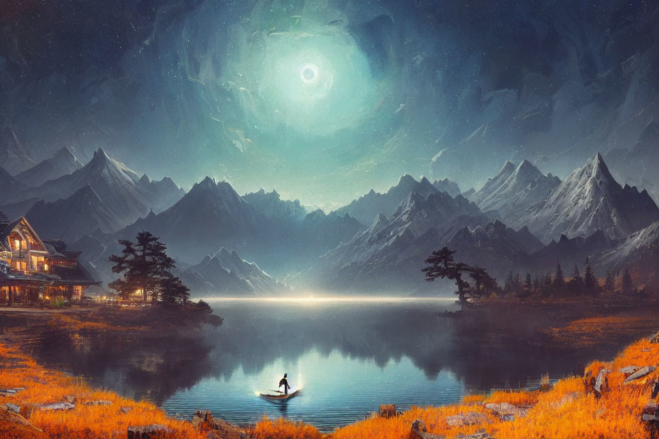 Person paddling canoe on calm lake surrounded by mountains under starry sky with glowing moon.