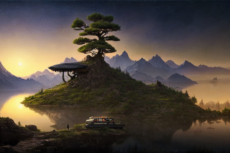 Twilight landscape with large tree, mountains, boat, and starry sky