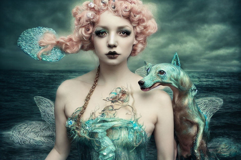 Surreal portrait of a woman with pink hair and sea-themed attire in stormy seascape