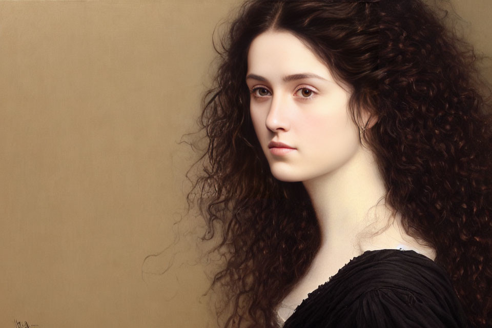 Portrait of young woman with long curly brown hair in black dress