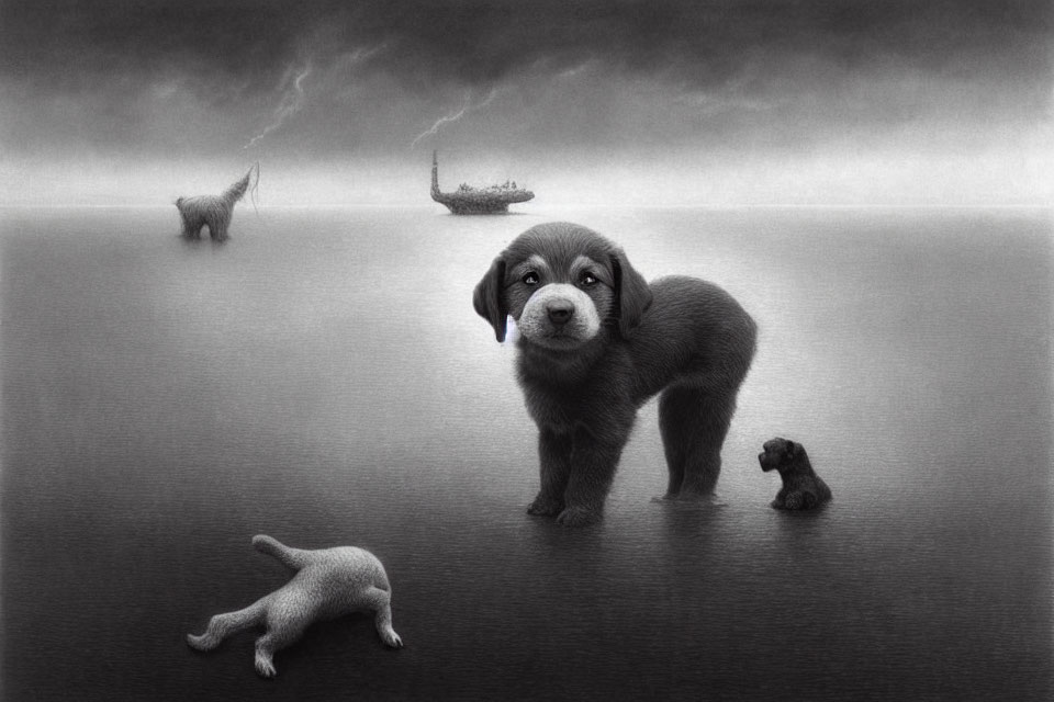 Monochrome artwork featuring puppies, ship, and stormy sky