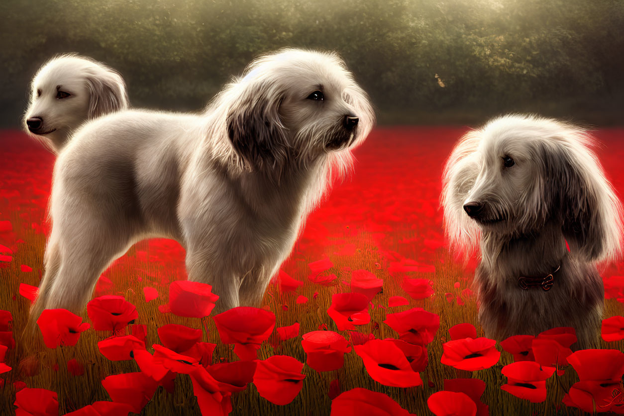 Fluffy White Dogs in Field of Red Poppies