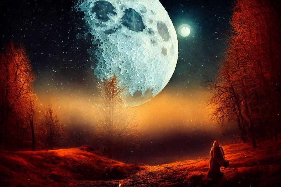 Person in mystical forest at night with oversized moon and golden mist