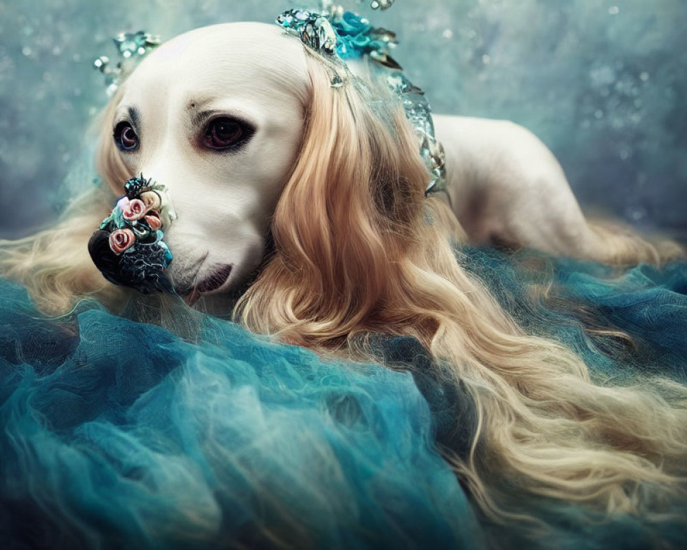 White Dog with Long Golden Hair in Blue Flower Crown on Soft Blue Fabric