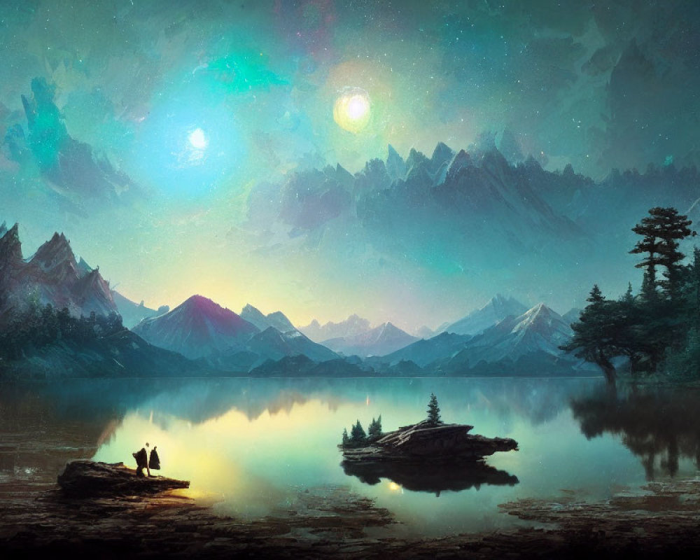 Serene nightscape with couple by still lake, two moons in sky, forest, mountain peaks