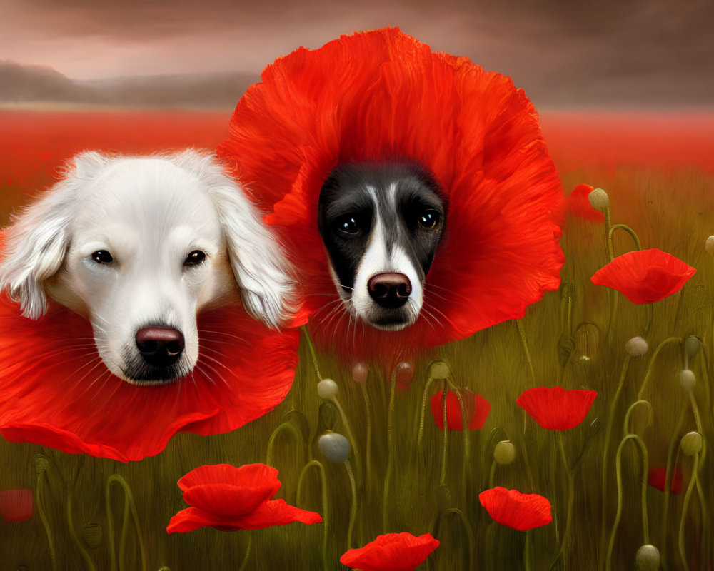 Two dogs in red poppy flowers on red background