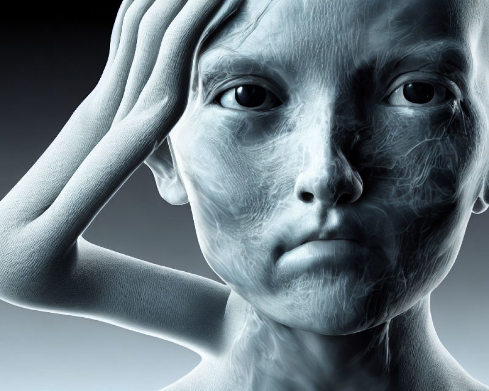 Desaturated 3D-rendered humanoid figure with intricate facial textures