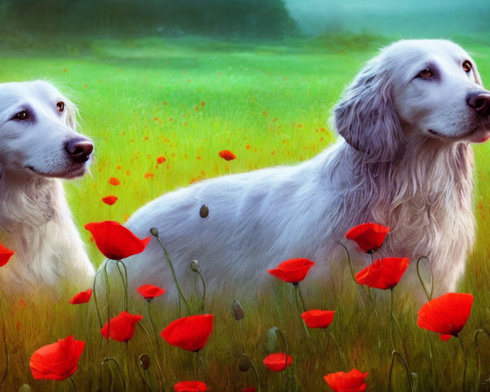 Two White Dogs in Field of Red Poppies and Greenery