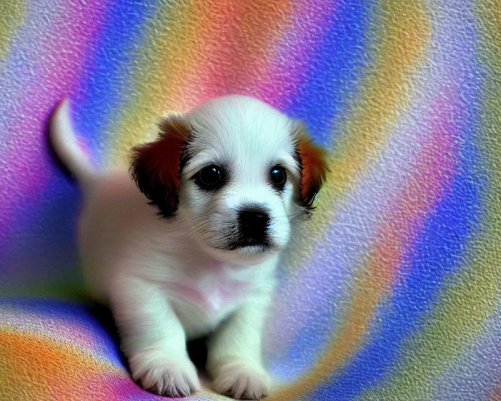 White Puppy with Brown Patches on Colorful Blanket