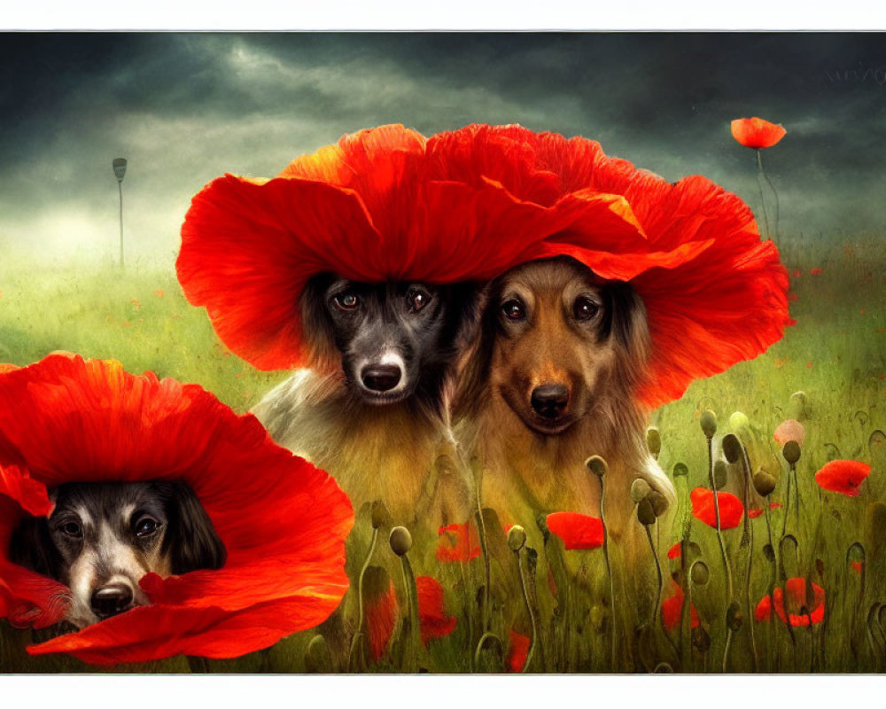 Two dogs with long fur in red poppy field under stormy sky