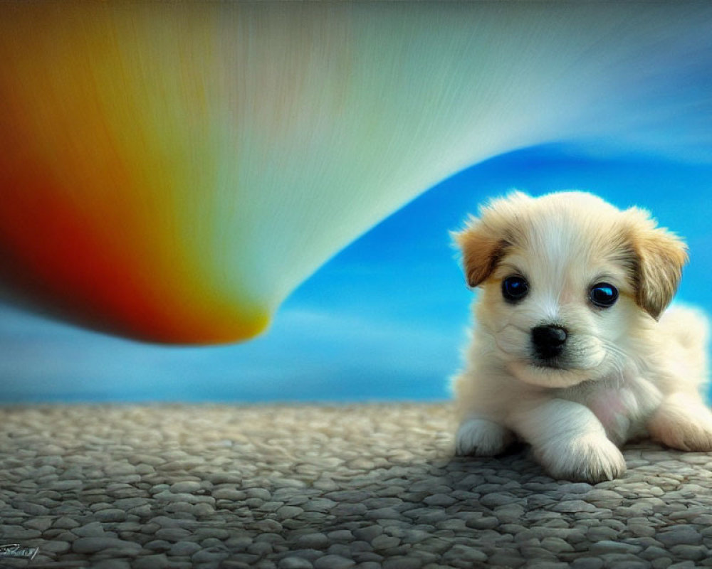 Fluffy white and tan puppy on pebbled surface with colorful background.