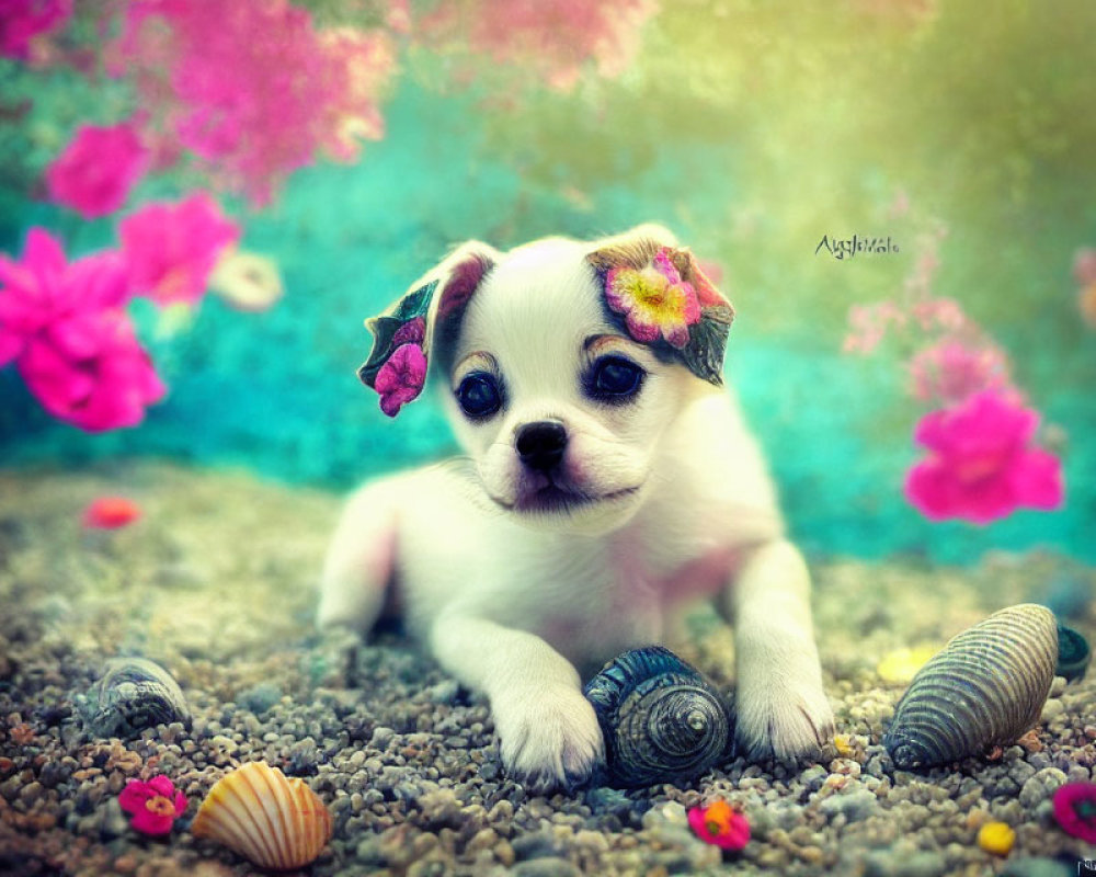 Adorable puppy surrounded by flowers and seashells