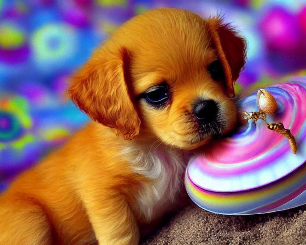 Tan Puppy Sniffing Swirled Shell Among Pink Flowers on Psychedelic Background