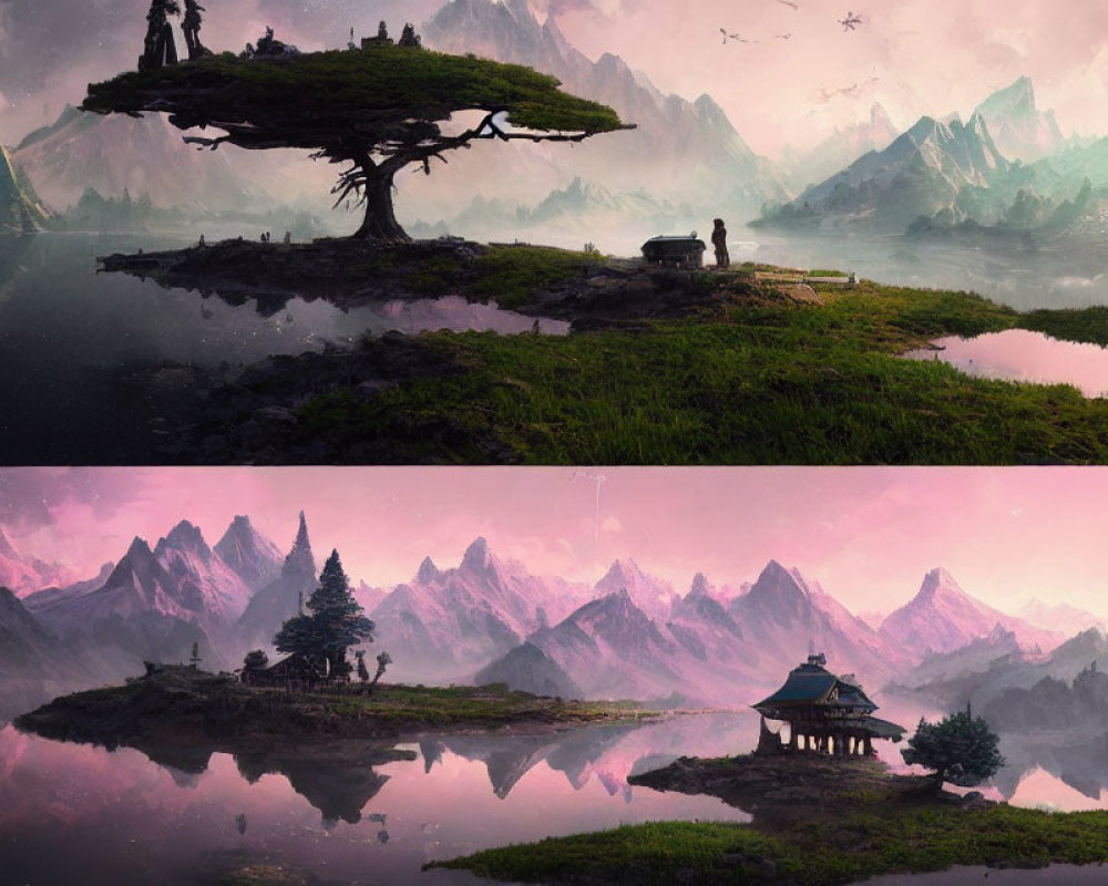 Mystical landscape with floating islands and pink-tinged mountains