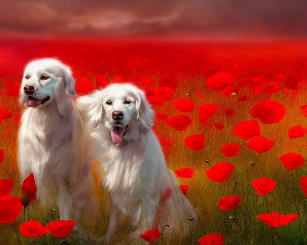 Two White Dogs in Vibrant Red Poppy Field with Surreal Red Sky