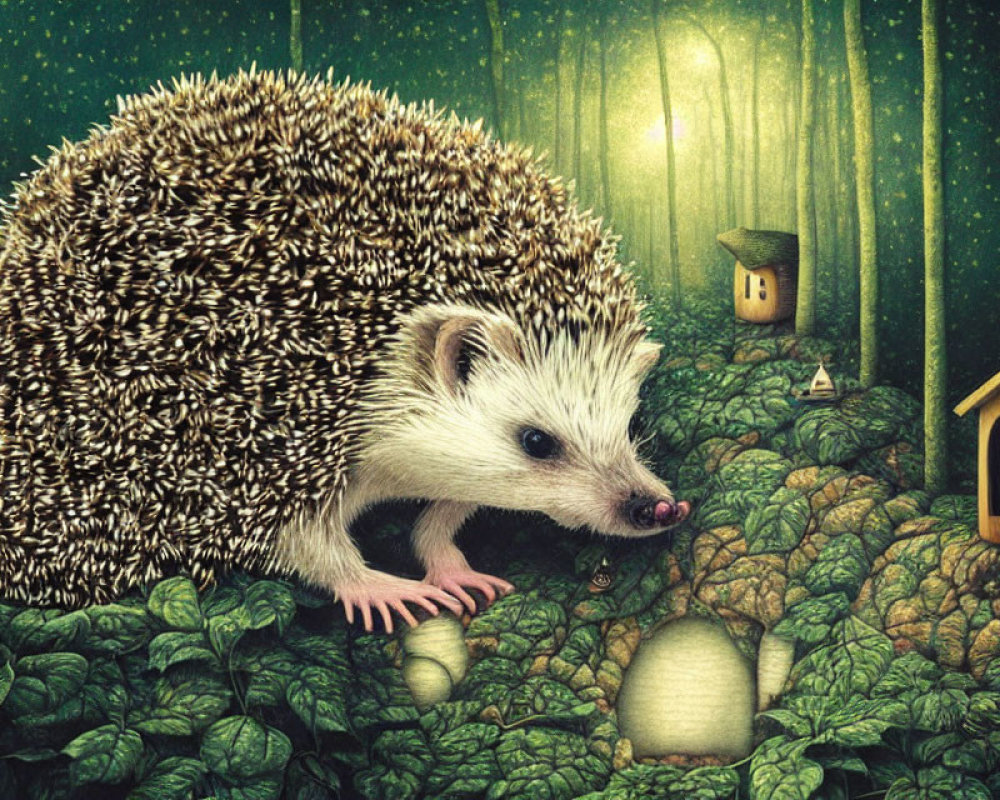 Illustrated hedgehog in fantastical forest with birdhouses, lights, strawberry.