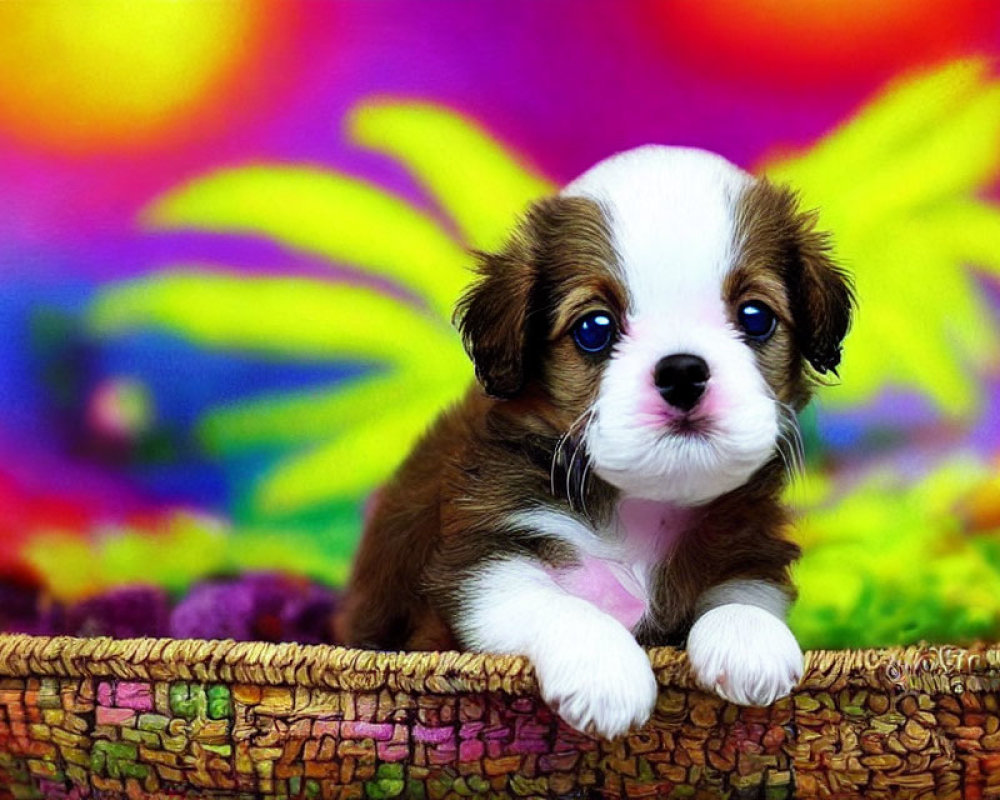 Brown and white fluffy puppy in wicker basket on colorful background