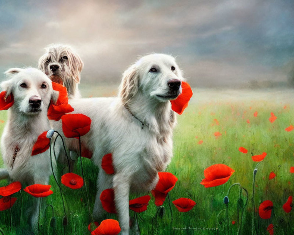 Three dogs in poppy field under cloudy sky