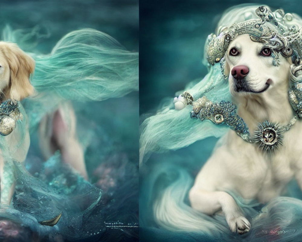 Whimsical Image: Dog with Ornate Headdress and Mermaid Tail