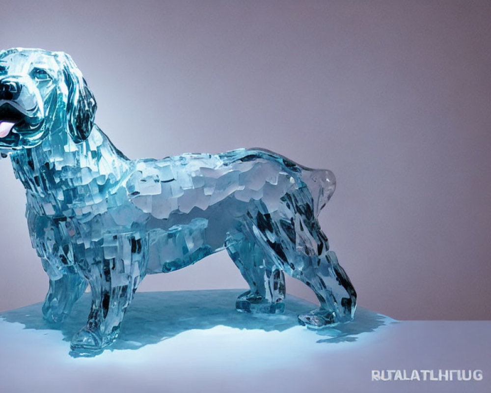 Translucent crystal-like dog sculpture on reflective surface