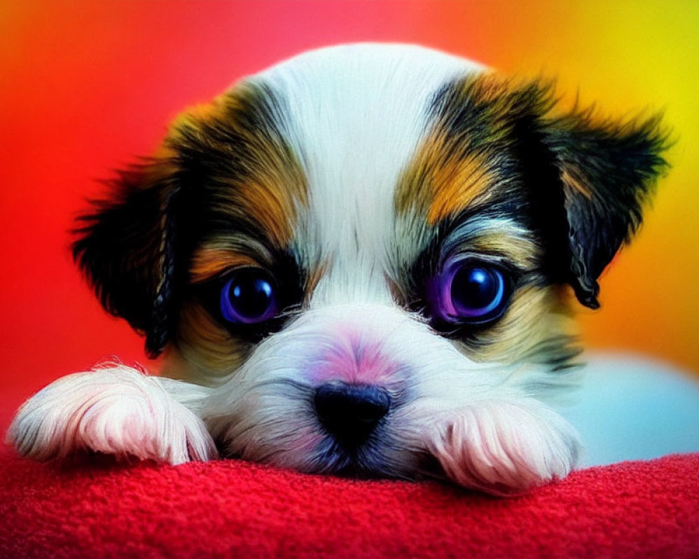 Tricolor Puppy Resting on Red Surface Against Rainbow Background