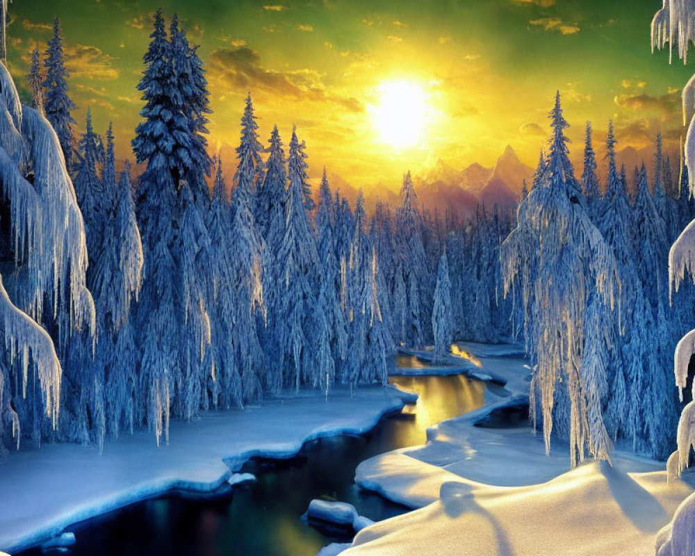 Snow-covered trees and river in serene winter landscape