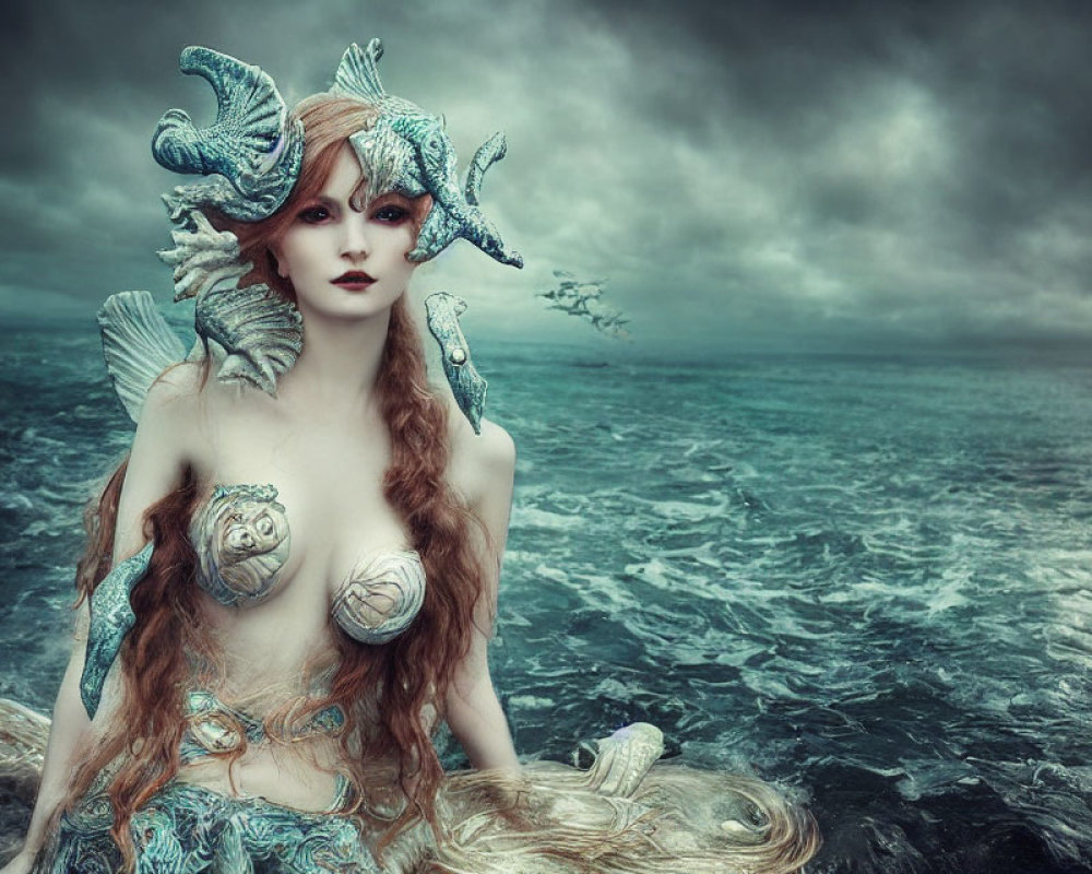 Red-haired fantasy mermaid with seashell adornments against stormy sea.