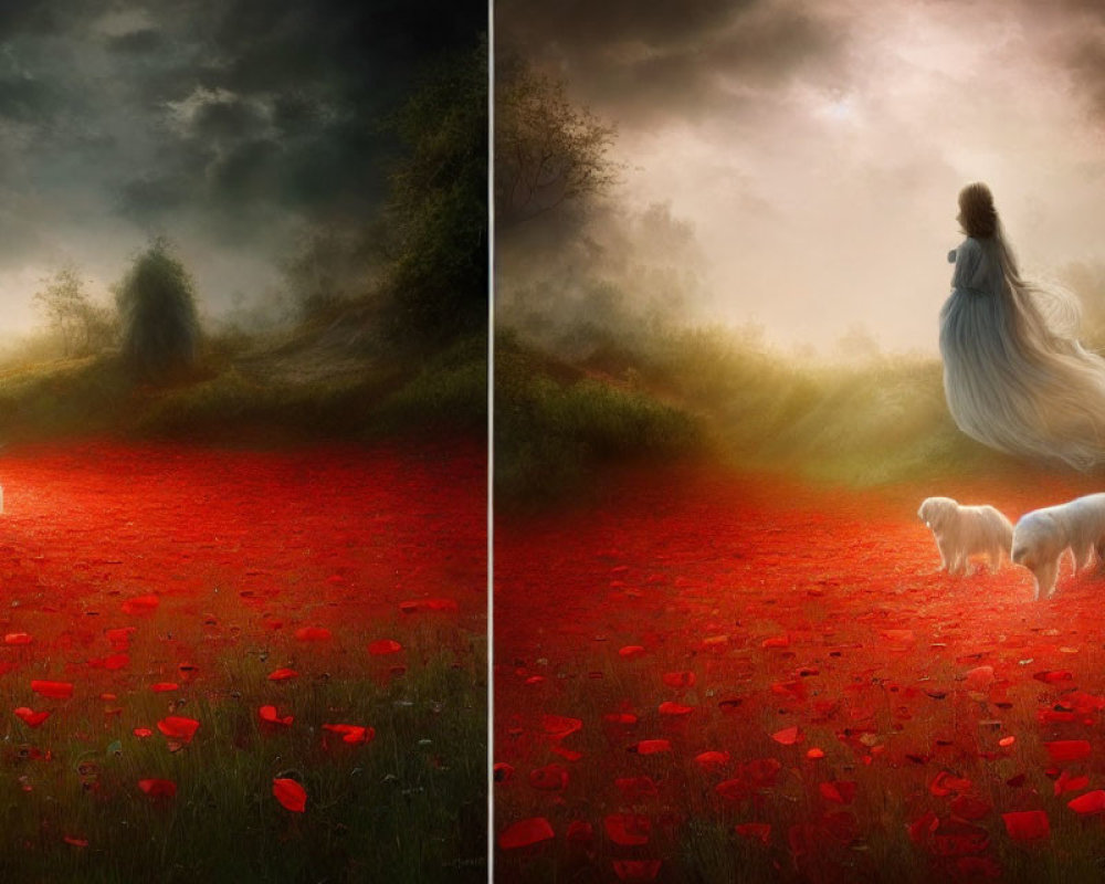 Woman in flowing gown with two white dogs on misty path strewn with red petals