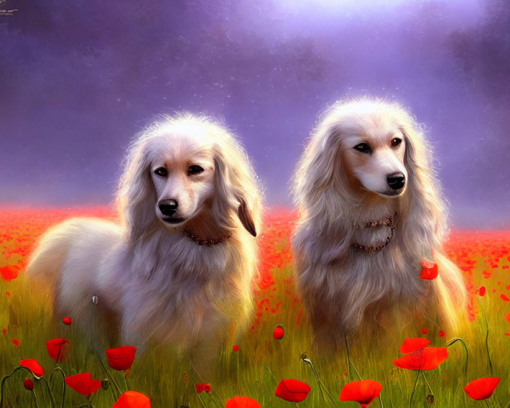 Fluffy cream-colored dogs in a poppy field under a purple sky