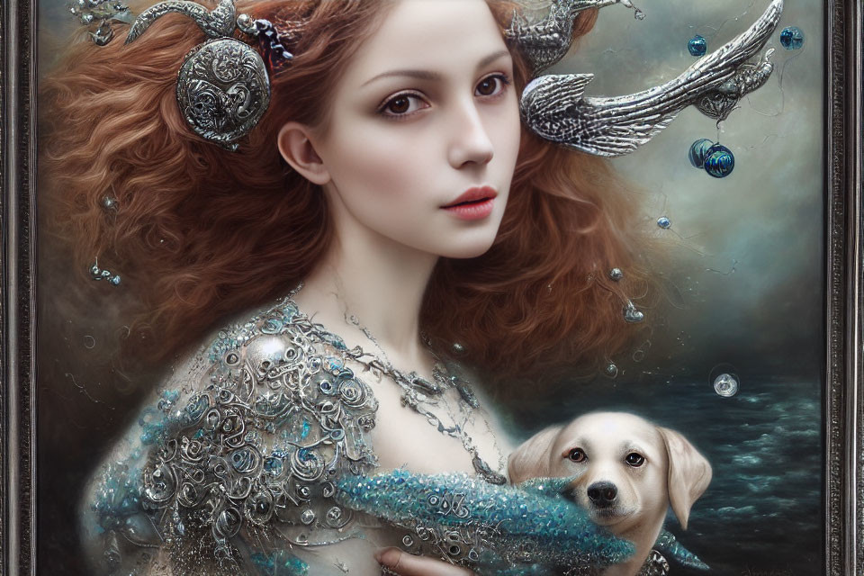 Red-haired woman with silver shoulder armor holding a small dog in surreal setting.