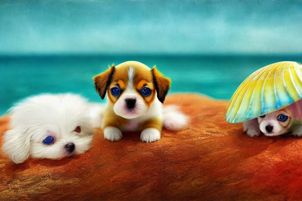 Three Cute Puppies: White, Brown & White, and Shell-Hiding