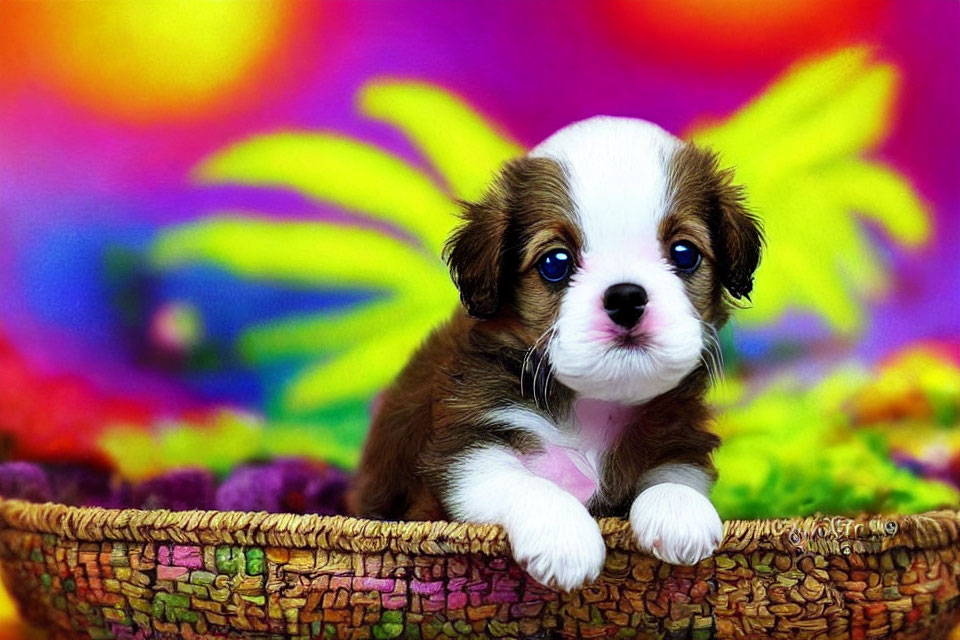 Brown and white fluffy puppy in wicker basket on colorful background