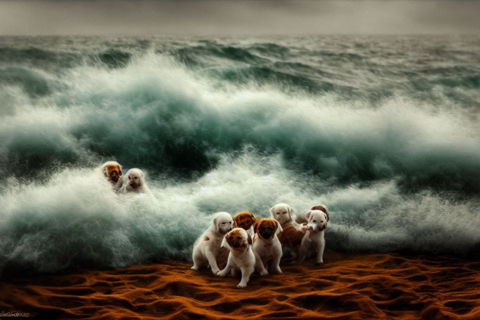 Seven puppies playing on a beach with a large wave in the background